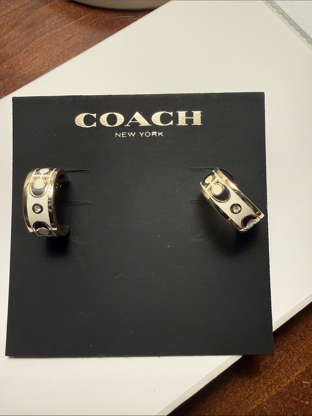 Coach Silver-Tone Signature C Huggies Earrings with Cream Inset
